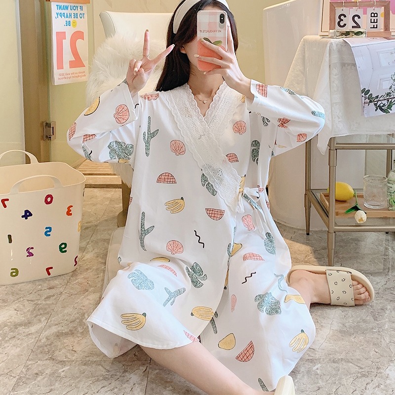 日系和服睡衣女春秋夏中長款長袖睡裙V領夏可愛甜美薄款學生睡袍-細節圖2