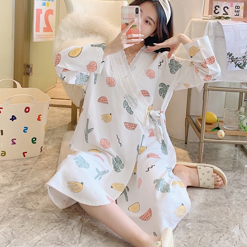 日系和服睡衣女春秋夏中長款長袖睡裙V領夏可愛甜美薄款學生睡袍-細節圖3