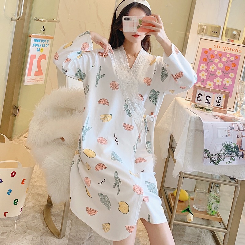 日系和服睡衣女春秋夏中長款長袖睡裙V領夏可愛甜美薄款學生睡袍-細節圖4