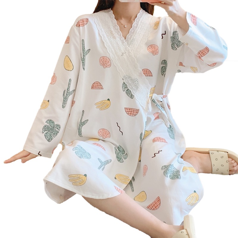 日系和服睡衣女春秋夏中長款長袖睡裙V領夏可愛甜美薄款學生睡袍-細節圖5