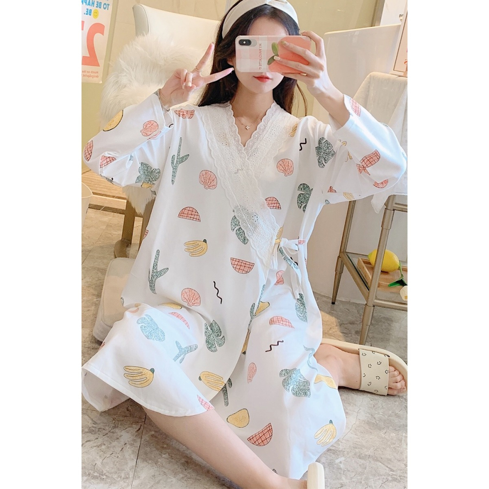 日系和服睡衣女春秋夏中長款長袖睡裙V領夏可愛甜美薄款學生睡袍-細節圖6