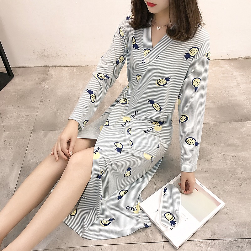 日系和服睡衣女春秋夏中長款長袖睡裙V領夏可愛甜美薄款學生睡袍-細節圖7