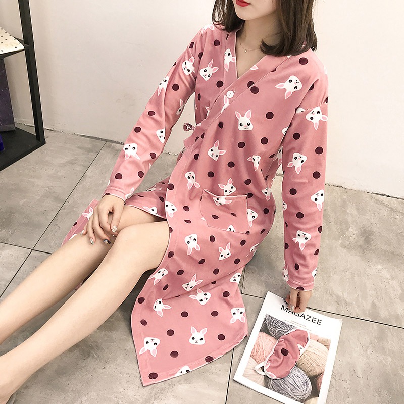 日系和服睡衣女春秋夏中長款長袖睡裙V領夏可愛甜美薄款學生睡袍-細節圖8
