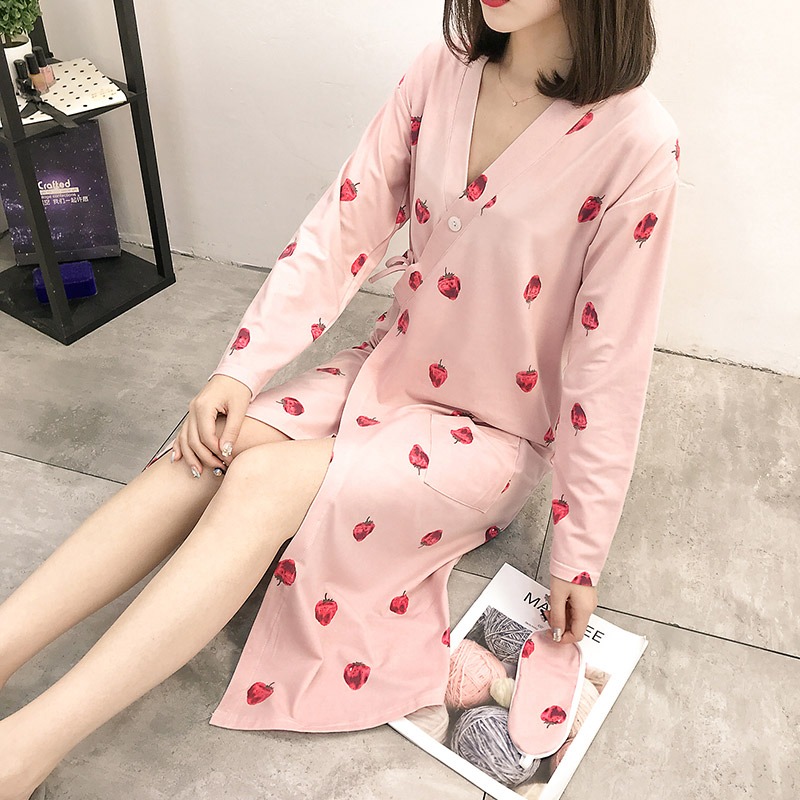 日系和服睡衣女春秋夏中長款長袖睡裙V領夏可愛甜美薄款學生睡袍-細節圖9