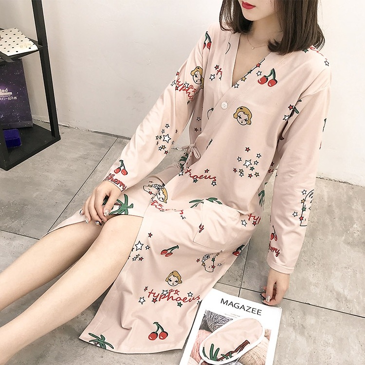 日系和服睡衣女春秋夏中長款長袖睡裙V領夏可愛甜美薄款學生睡袍-細節圖10