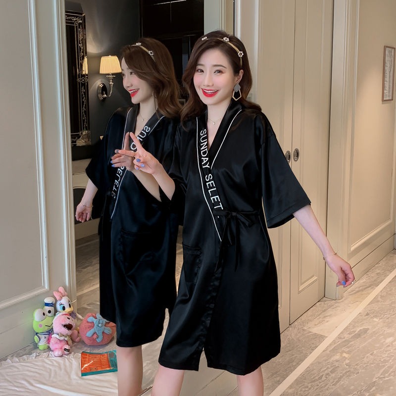 睡袍女夏季春秋寬松睡裙女日式和服性感睡衣冰絲半袖系帶網紅浴袍-細節圖3