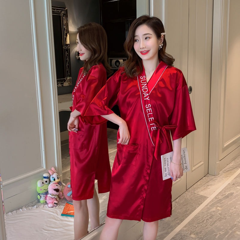 睡袍女夏季春秋寬松睡裙女日式和服性感睡衣冰絲半袖系帶網紅浴袍-細節圖4