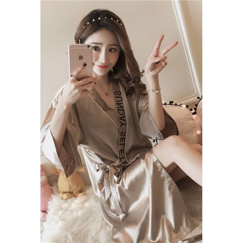 睡袍女夏季春秋寬松睡裙女日式和服性感睡衣冰絲半袖系帶網紅浴袍-細節圖6