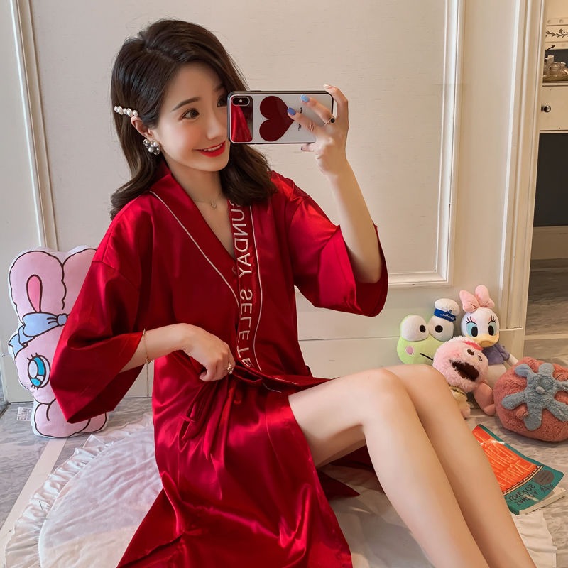睡袍女夏季春秋寬松睡裙女日式和服性感睡衣冰絲半袖系帶網紅浴袍-細節圖7