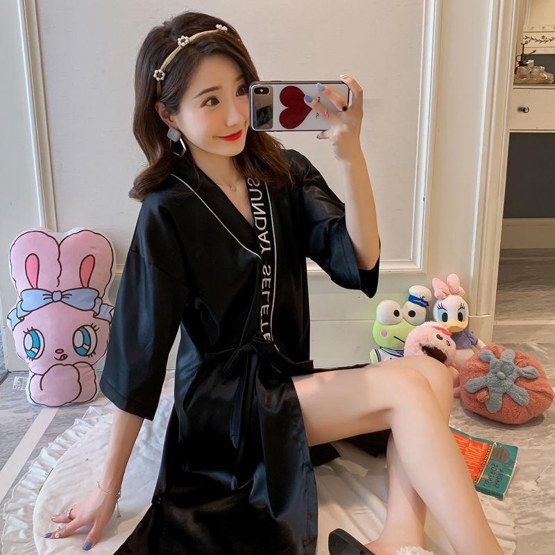 睡袍女夏季春秋寬松睡裙女日式和服性感睡衣冰絲半袖系帶網紅浴袍-細節圖8