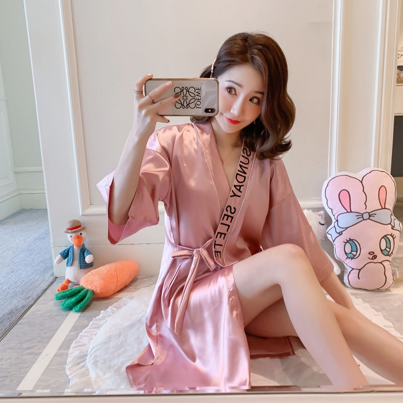 睡袍女夏季春秋寬松睡裙女日式和服性感睡衣冰絲半袖系帶網紅浴袍-細節圖9