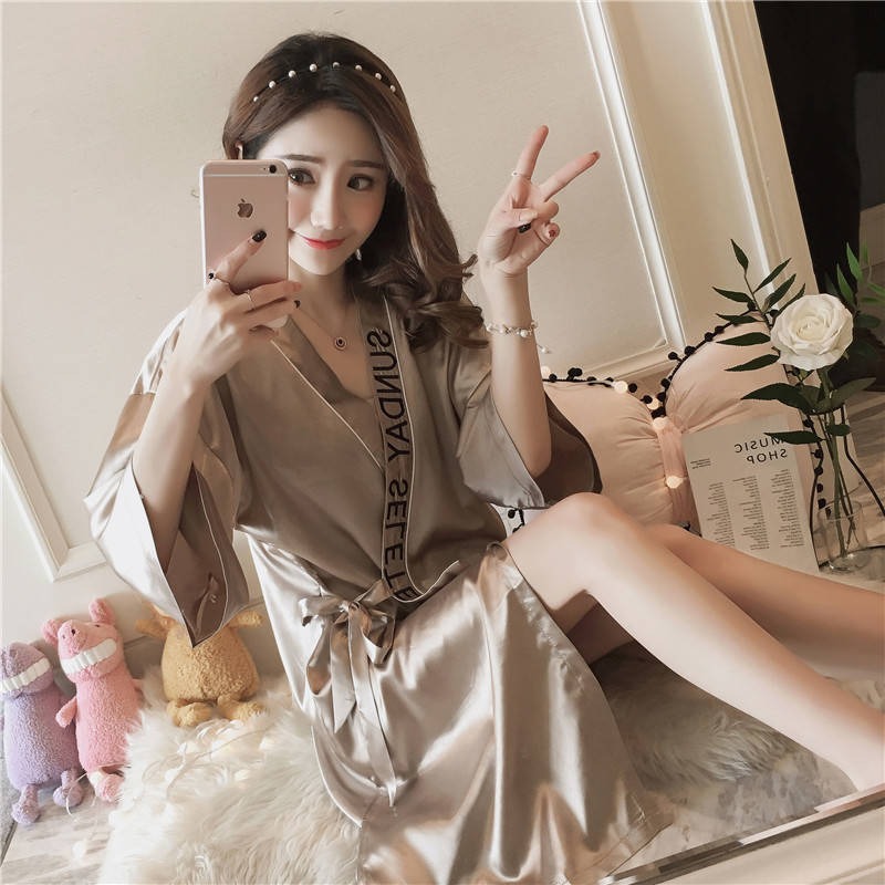睡袍女夏季春秋寬松睡裙女日式和服性感睡衣冰絲半袖系帶網紅浴袍-細節圖10