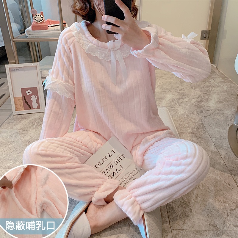 孕婦睡衣女秋冬季月子服加絨加厚哺乳餵奶珊瑚絨產後懷孕期家居服-細節圖2