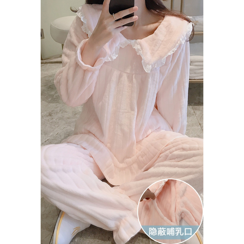 孕婦睡衣女秋冬季月子服加絨加厚哺乳餵奶珊瑚絨產後懷孕期家居服-細節圖6