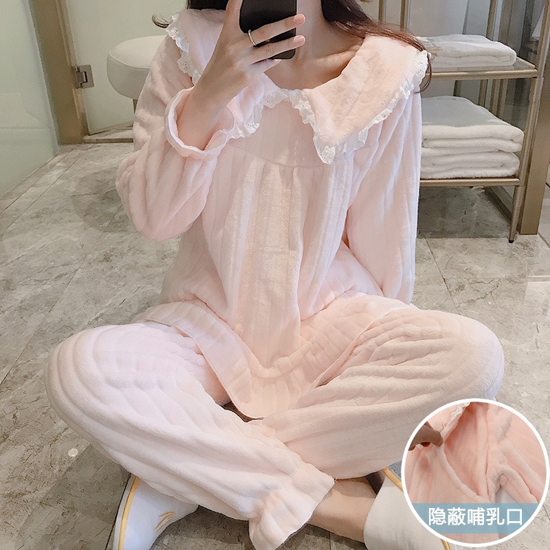 孕婦睡衣女秋冬季月子服加絨加厚哺乳餵奶珊瑚絨產後懷孕期家居服-細節圖7