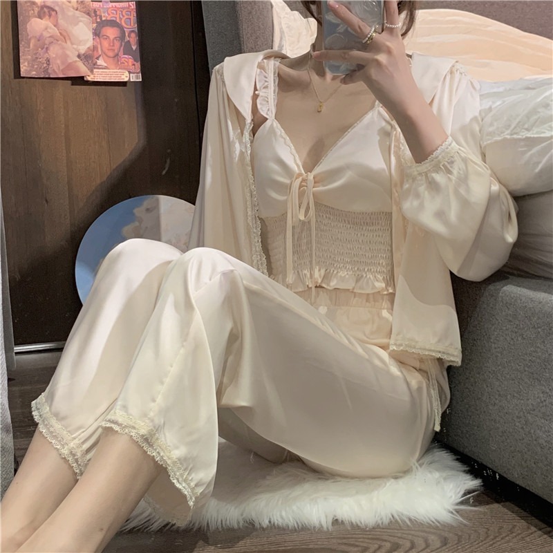 宮廷風荷葉邊吊帶睡衣女春夏款可外穿純欲冰絲家居服三件套裝ins-細節圖2