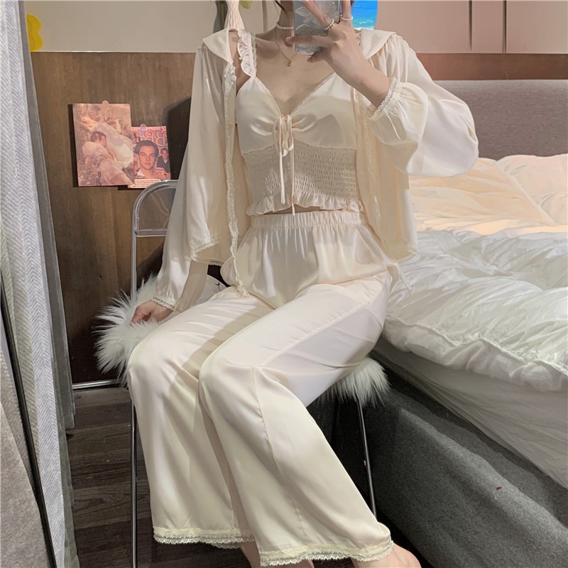 宮廷風荷葉邊吊帶睡衣女春夏款可外穿純欲冰絲家居服三件套裝ins-細節圖4