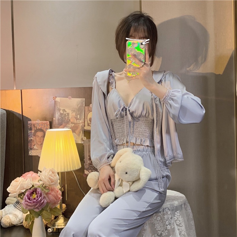 宮廷風荷葉邊吊帶睡衣女春夏款可外穿純欲冰絲家居服三件套裝ins-細節圖5