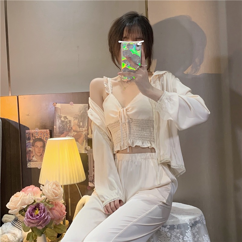 宮廷風荷葉邊吊帶睡衣女春夏款可外穿純欲冰絲家居服三件套裝ins-細節圖7