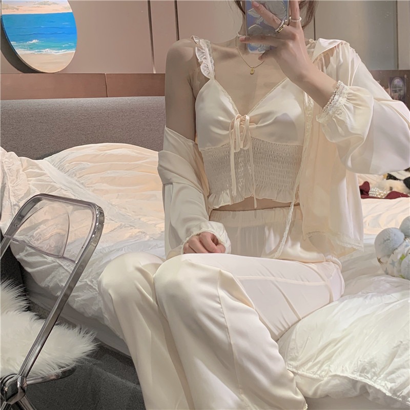 宮廷風荷葉邊吊帶睡衣女春夏款可外穿純欲冰絲家居服三件套裝ins-細節圖9