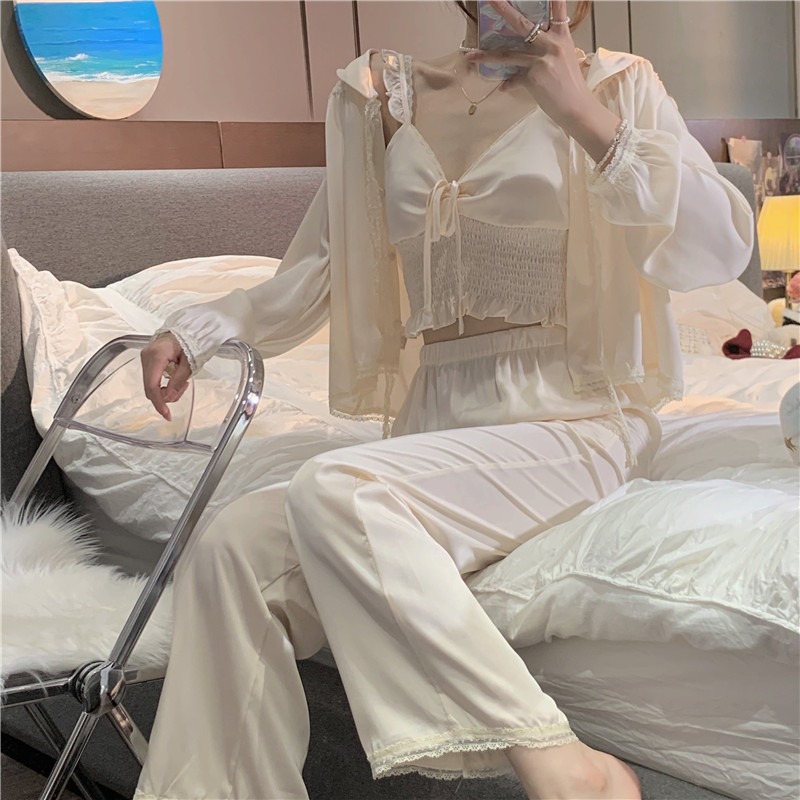 宮廷風荷葉邊吊帶睡衣女春夏款可外穿純欲冰絲家居服三件套裝ins-細節圖10