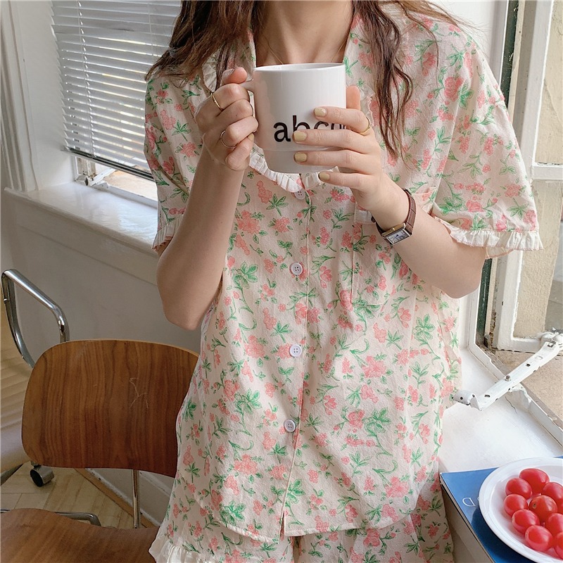 ins風娃娃領睡衣兩件套裝少女新款荷葉邊碎花家居服可愛外穿-細節圖2