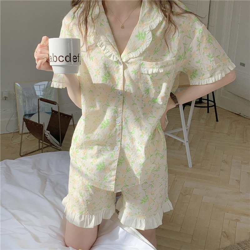 ins風娃娃領睡衣兩件套裝少女新款荷葉邊碎花家居服可愛外穿-細節圖4