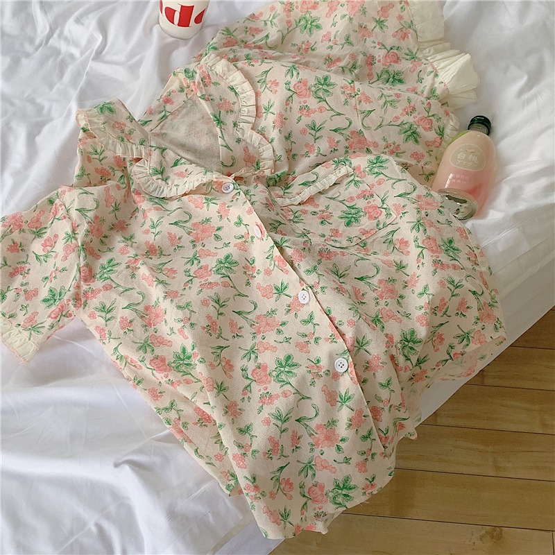 ins風娃娃領睡衣兩件套裝少女新款荷葉邊碎花家居服可愛外穿-細節圖5