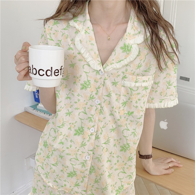 ins風娃娃領睡衣兩件套裝少女新款荷葉邊碎花家居服可愛外穿-細節圖9