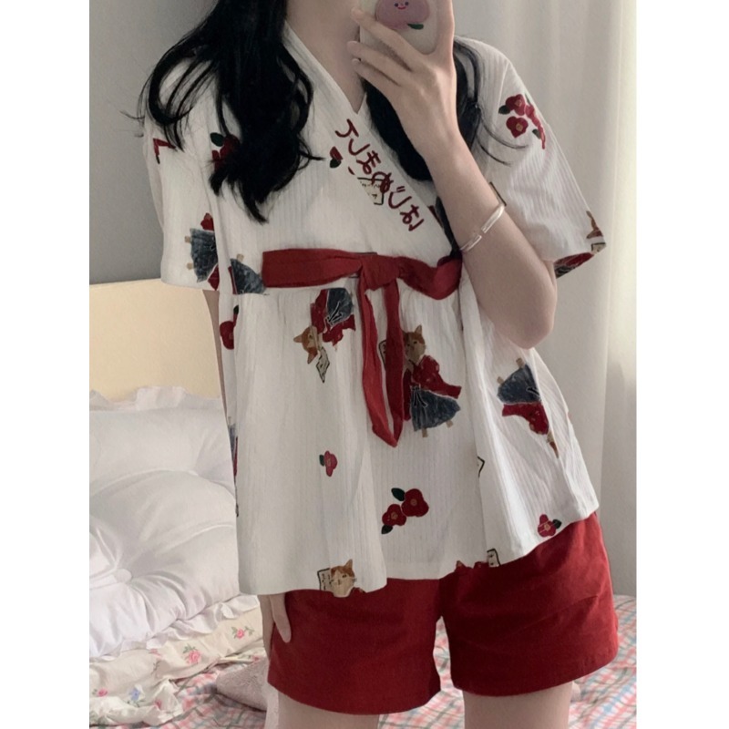 甜美日系v領系帶和服睡衣女夏季ins風學生小個子家居服套裝可外穿-細節圖2