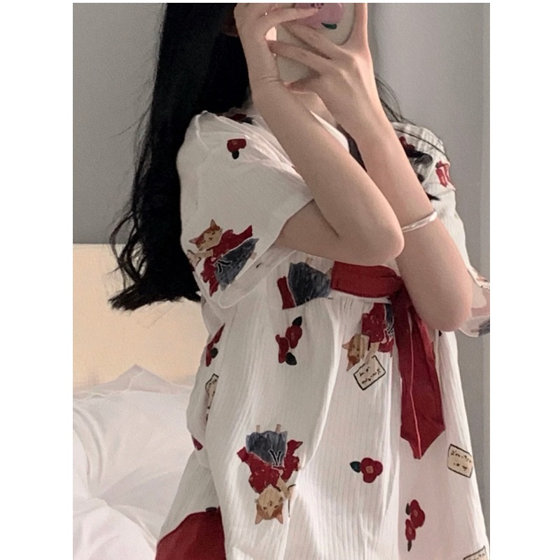 甜美日系v領系帶和服睡衣女夏季ins風學生小個子家居服套裝可外穿-細節圖3