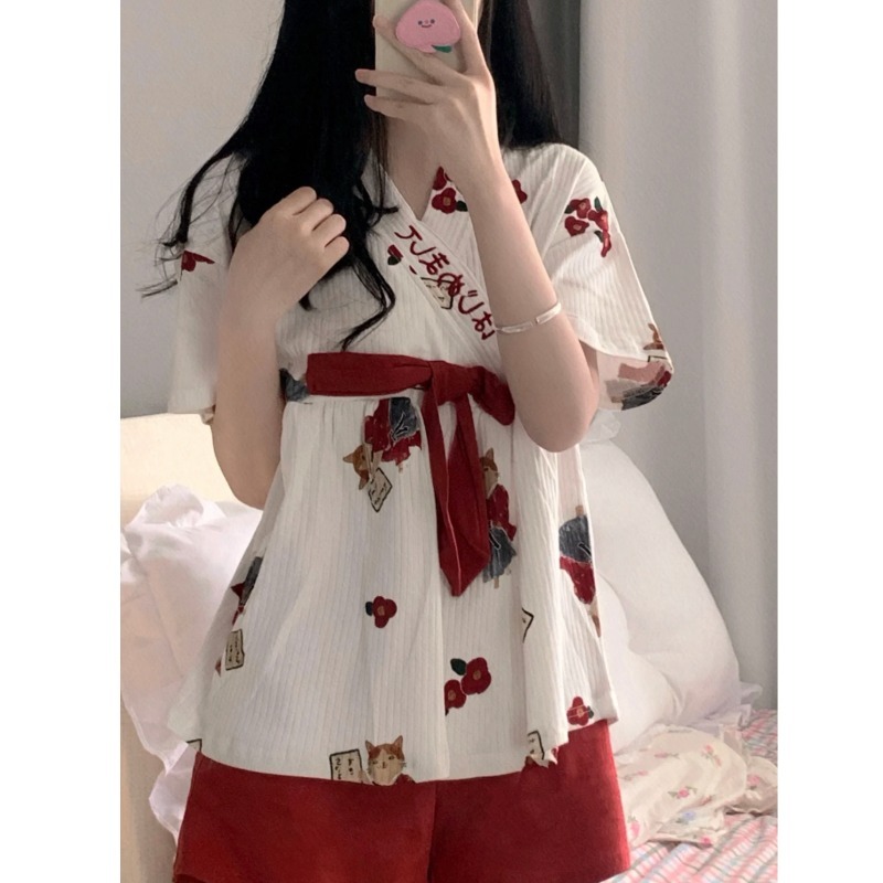 甜美日系v領系帶和服睡衣女夏季ins風學生小個子家居服套裝可外穿-細節圖4