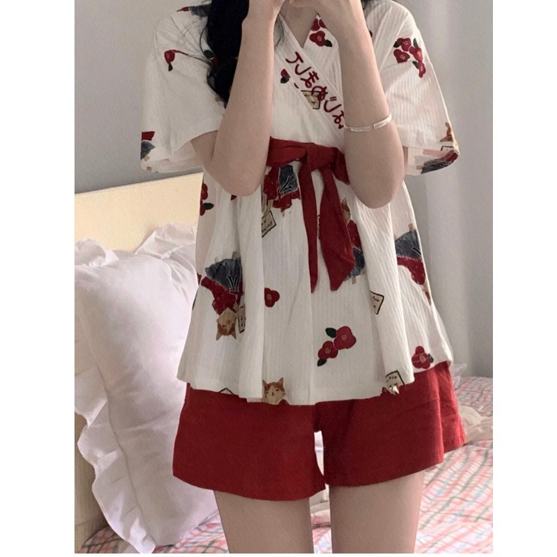 甜美日系v領系帶和服睡衣女夏季ins風學生小個子家居服套裝可外穿-細節圖5