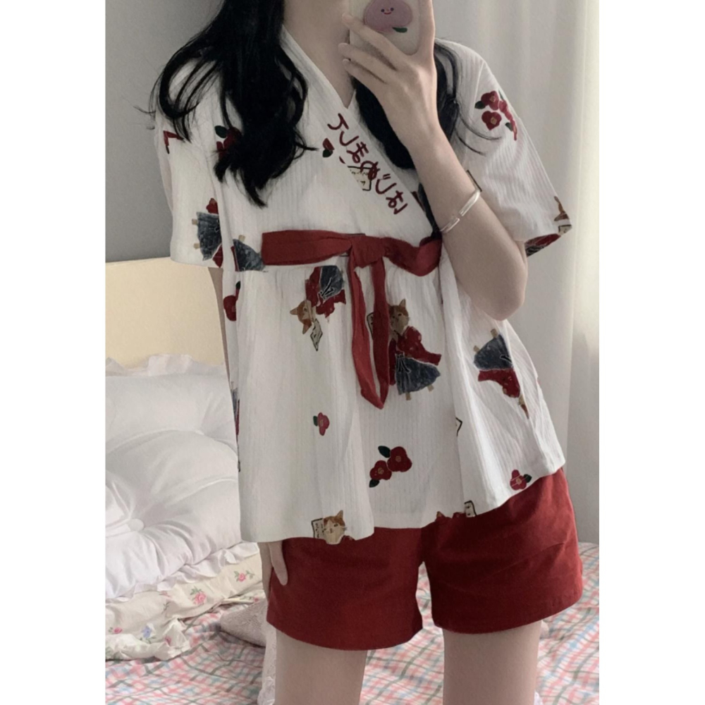 甜美日系v領系帶和服睡衣女夏季ins風學生小個子家居服套裝可外穿-細節圖6