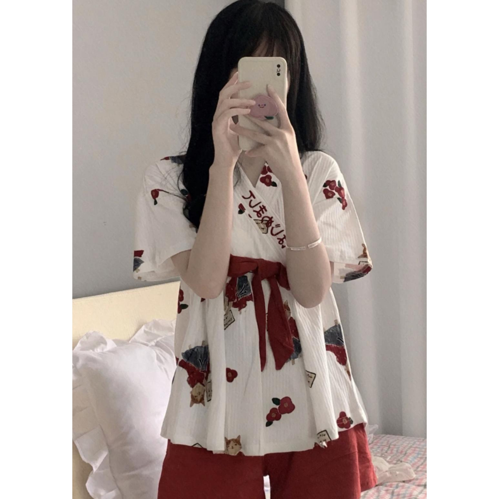 甜美日系v領系帶和服睡衣女夏季ins風學生小個子家居服套裝可外穿-細節圖7