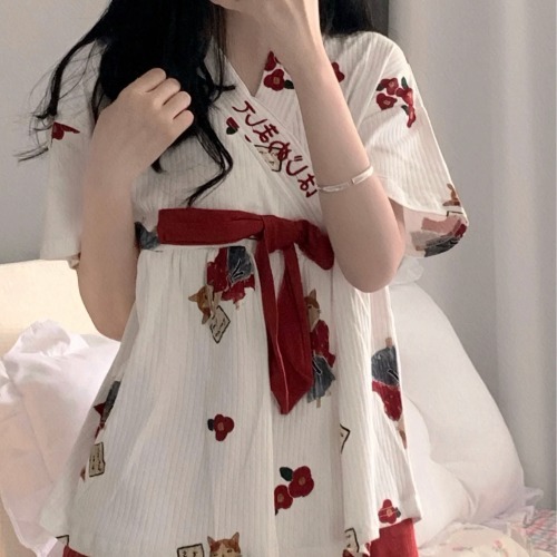甜美日系v領系帶和服睡衣女夏季ins風學生小個子家居服套裝可外穿-細節圖8
