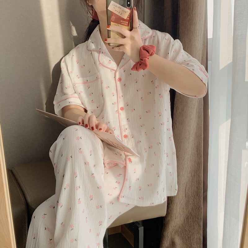 睡衣女ins風學生甜美休閑可愛外穿碎花家居夏季短袖長褲兩件套裝-細節圖2