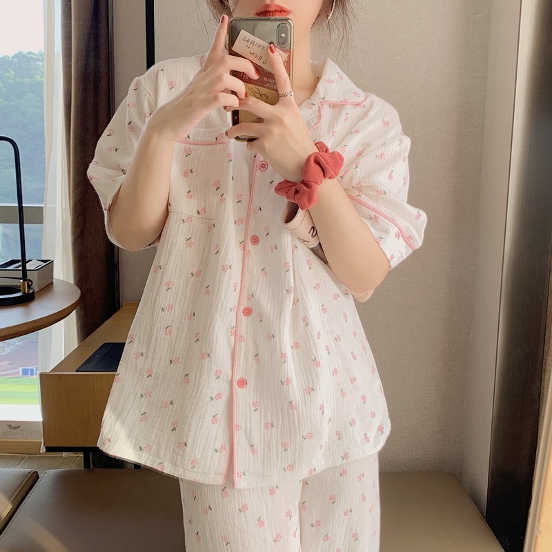 睡衣女ins風學生甜美休閑可愛外穿碎花家居夏季短袖長褲兩件套裝-細節圖3