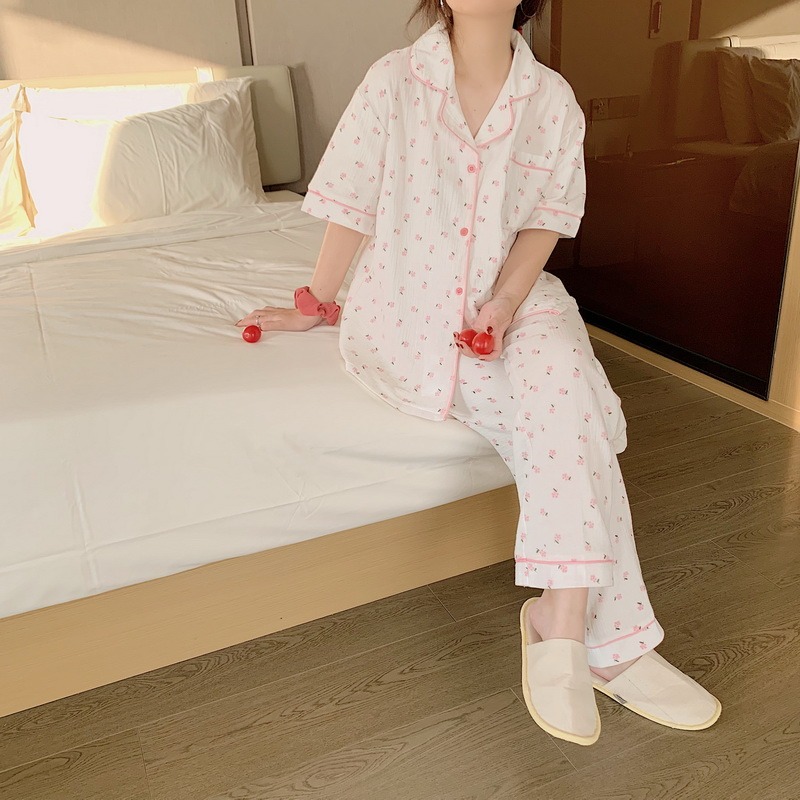 睡衣女ins風學生甜美休閑可愛外穿碎花家居夏季短袖長褲兩件套裝-細節圖6