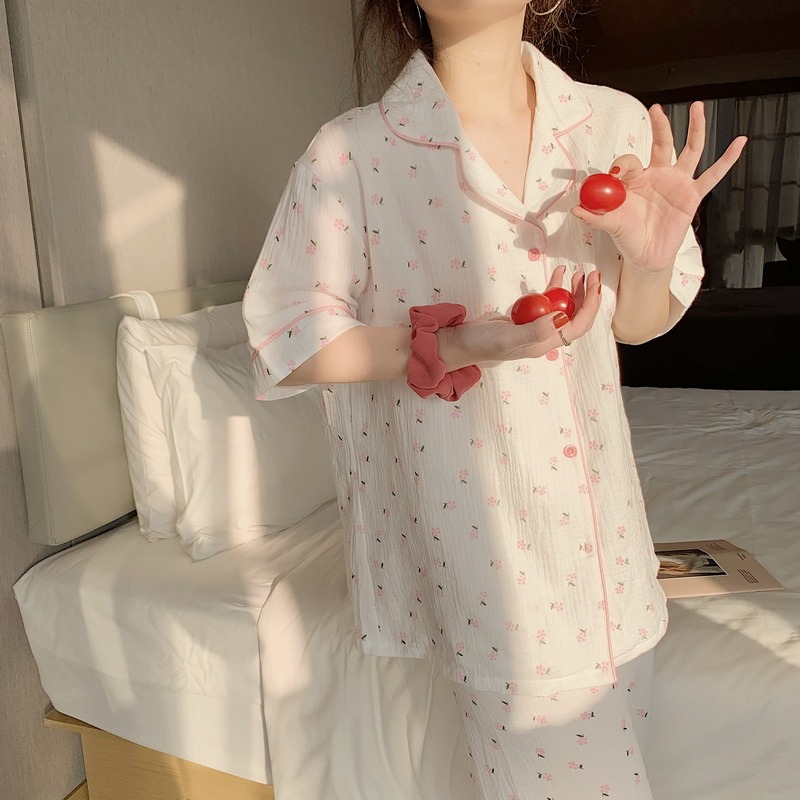 睡衣女ins風學生甜美休閑可愛外穿碎花家居夏季短袖長褲兩件套裝-細節圖7