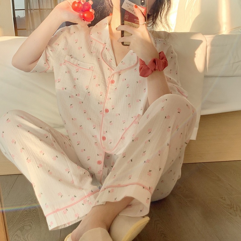 睡衣女ins風學生甜美休閑可愛外穿碎花家居夏季短袖長褲兩件套裝-細節圖8