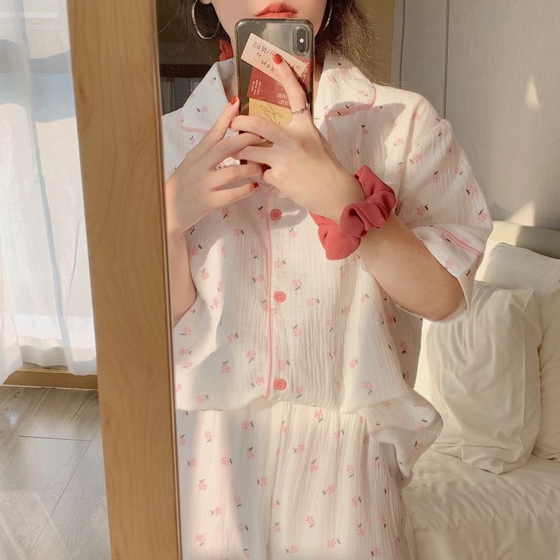 睡衣女ins風學生甜美休閑可愛外穿碎花家居夏季短袖長褲兩件套裝-細節圖10