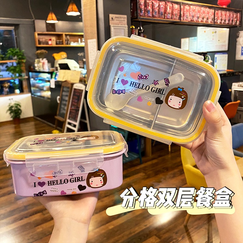 帶蓋飯盒學生用密封防燙兒童304不銹鋼分格便當盒小學生保溫餐盒-細節圖2