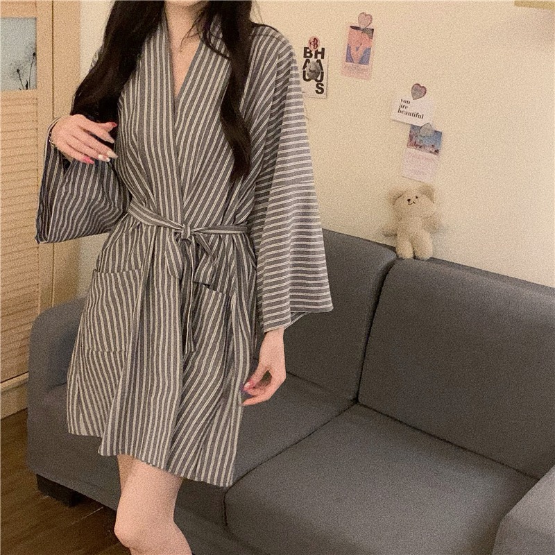 日系和服睡袍少女ins風可外穿復古條紋浴巾家居衣服春秋新款-細節圖2
