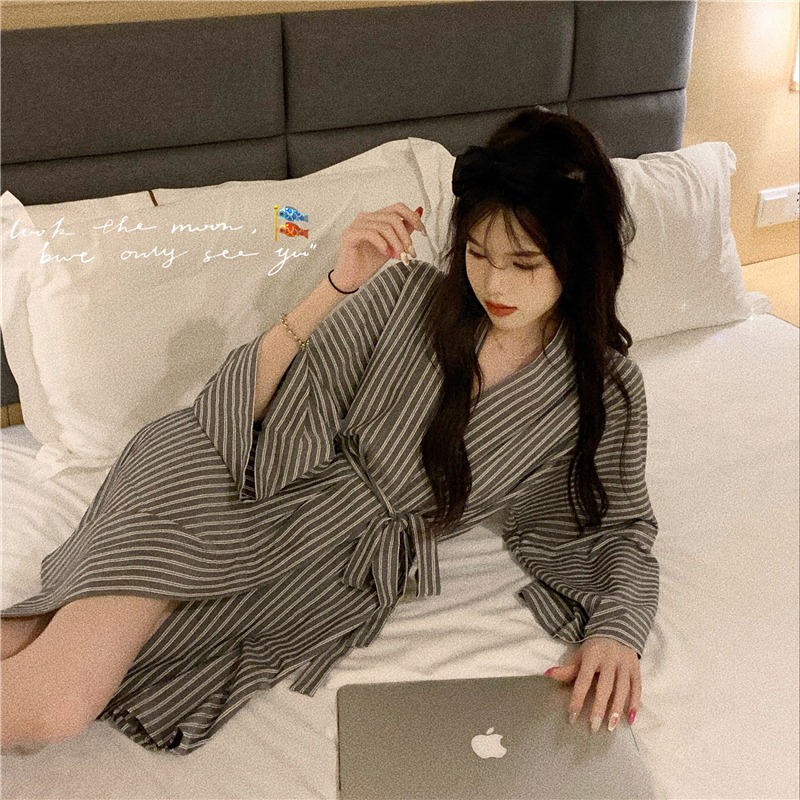 日系和服睡袍少女ins風可外穿復古條紋浴巾家居衣服春秋新款-細節圖3