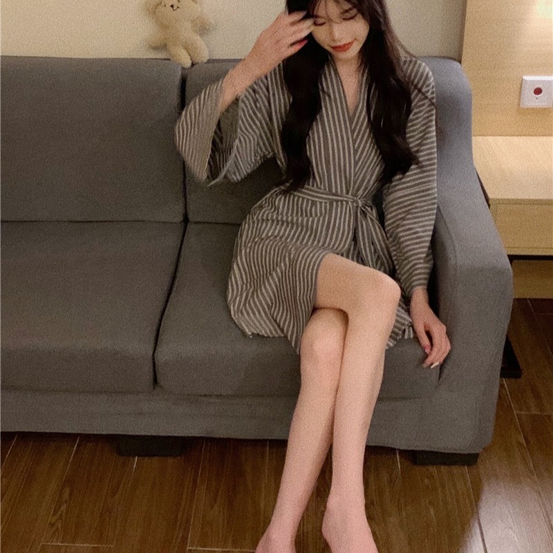 日系和服睡袍少女ins風可外穿復古條紋浴巾家居衣服春秋新款-細節圖4