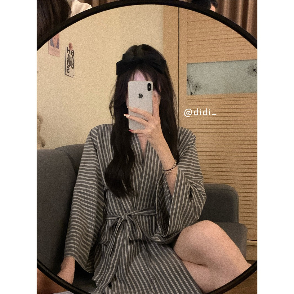 日系和服睡袍少女ins風可外穿復古條紋浴巾家居衣服春秋新款-細節圖6
