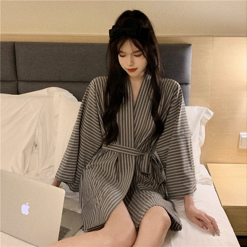 日系和服睡袍少女ins風可外穿復古條紋浴巾家居衣服春秋新款-細節圖8