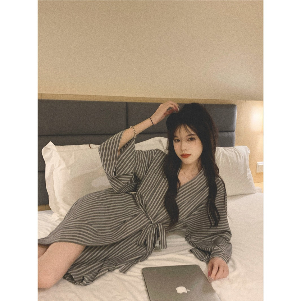 日系和服睡袍少女ins風可外穿復古條紋浴巾家居衣服春秋新款-細節圖9