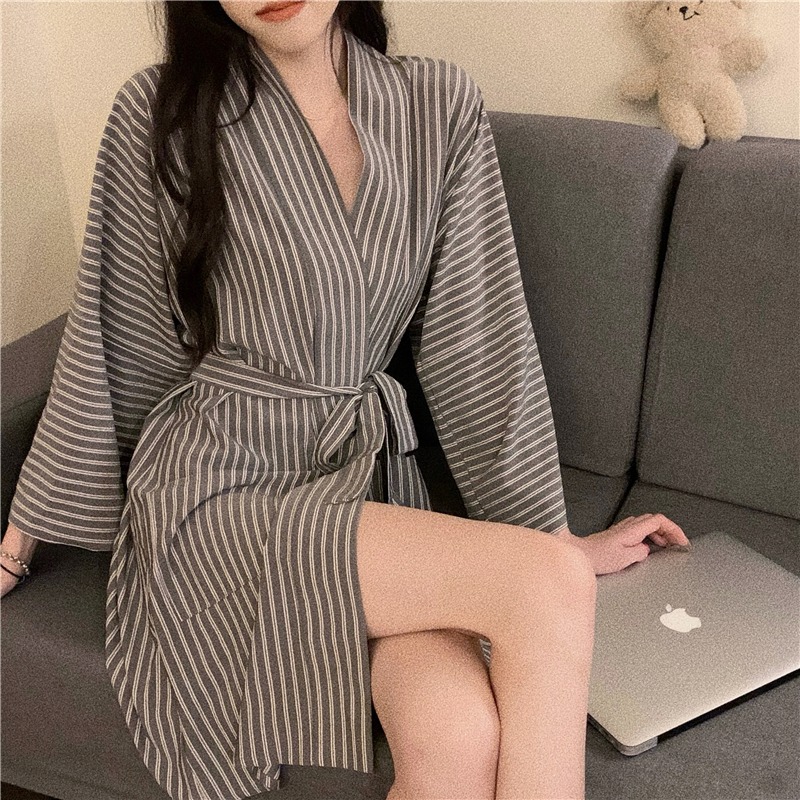 日系和服睡袍少女ins風可外穿復古條紋浴巾家居衣服春秋新款-細節圖10
